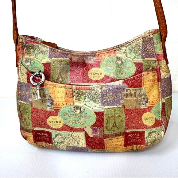 Fossil Handbags - FOSSIL Coronado Vintage Travel Print Leather Shoulder Bag Crossbody Purse Voyage